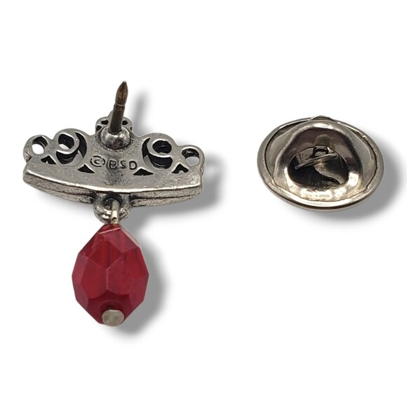 BSD Bob Siemon Designs Pewter Crown Fleur De Lis Red Bead Lapel Tie Pin - Picture 3 of 7